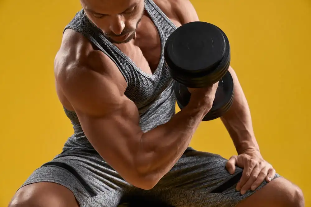 homem realizando rosca concentrada para desenvolvimento muscular e hipertrofia em treino de musculação